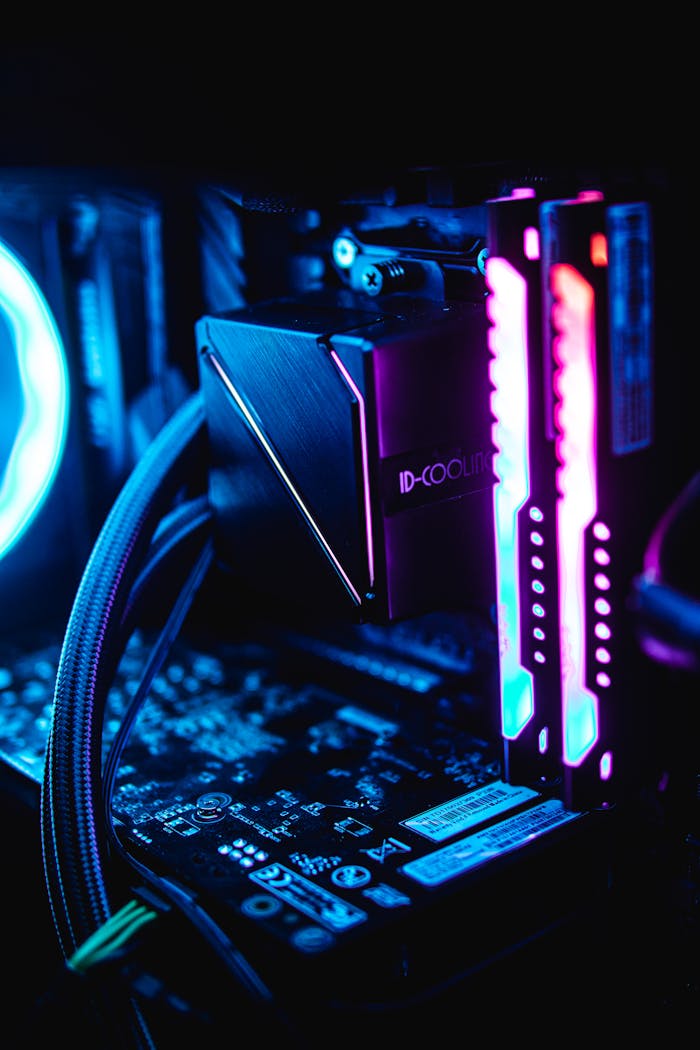 contact-img Close-up of RGB-lit PC components showcasing vibrant blue and pink hues in a dark setup.